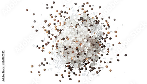 A pile of salt and peppercorns on a white background.