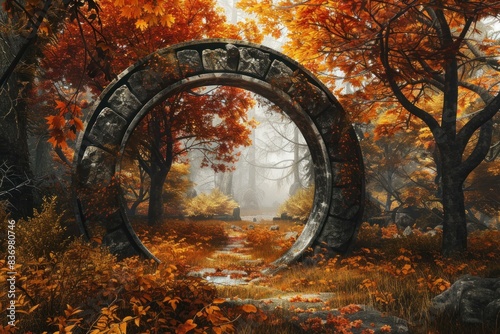 Captivating scene with a mystical stone arch amidst vibrant autumn foliage in a serene forest