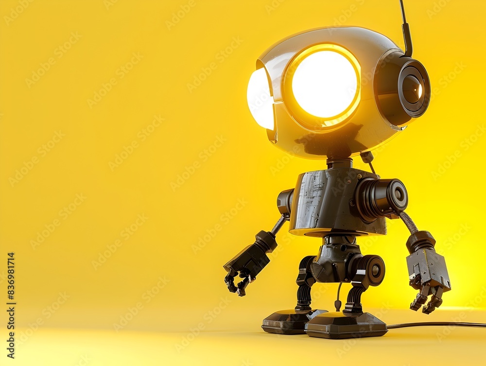 Playful and Friendly Robot Shaped Desk Lamp Emitting Warm Light on Minimalist Sunshine Yellow Playful and Friendly Robot Shaped Desk Lamp Emitting Warm Light on Minimalist Sunshine Yellow