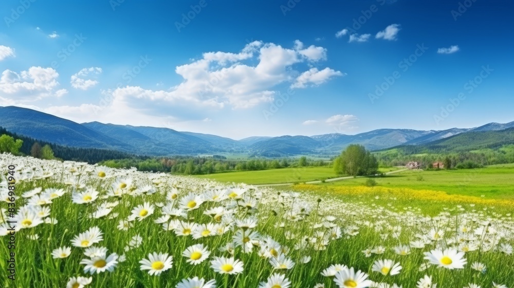 Beautiful spring and summer natural landscape with blooming field of daisies in the grass in the hilly countryside Beautiful spring and summer natural landscape with blooming field of daisies in the grass in the hilly countryside