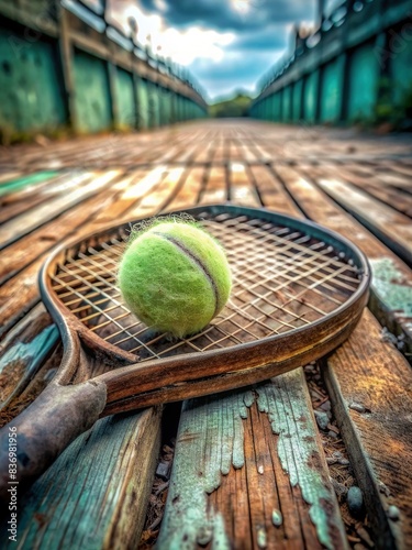 Rusted Tennis Racket and Ball on Weathered Court. Generative AI © Роман Заворотный