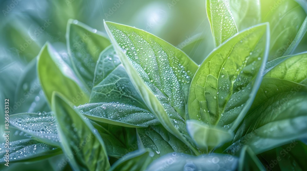 Close-up image of fresh green leaves with dew drops, showcasing natural beauty and tranquility in a vibrant, crisp setting. Close-up image of fresh green leaves with dew drops, showcasing natural beauty and tranquility in a vibrant, crisp setting.