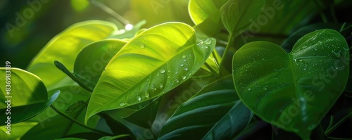 Close-up of lush green leaves with water droplets glistening in sunlight, nature and freshness concept photograph. photo