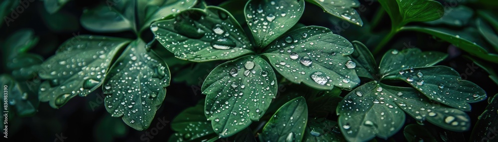 Close-up of lush green leaves covered in water droplets, showcasing nature's beauty and freshness after rain. Close-up of lush green leaves covered in water droplets, showcasing nature's beauty and freshness after rain.