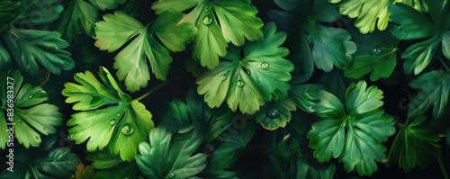 Close-up of lush green leaves with water droplets, showcasing natural beauty and freshness in a tranquil, serene setting.