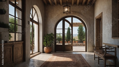 Mediterranean style hallway with arched door. Interior design of modern rustic entrance hall in farmhouse. Created with generative AI