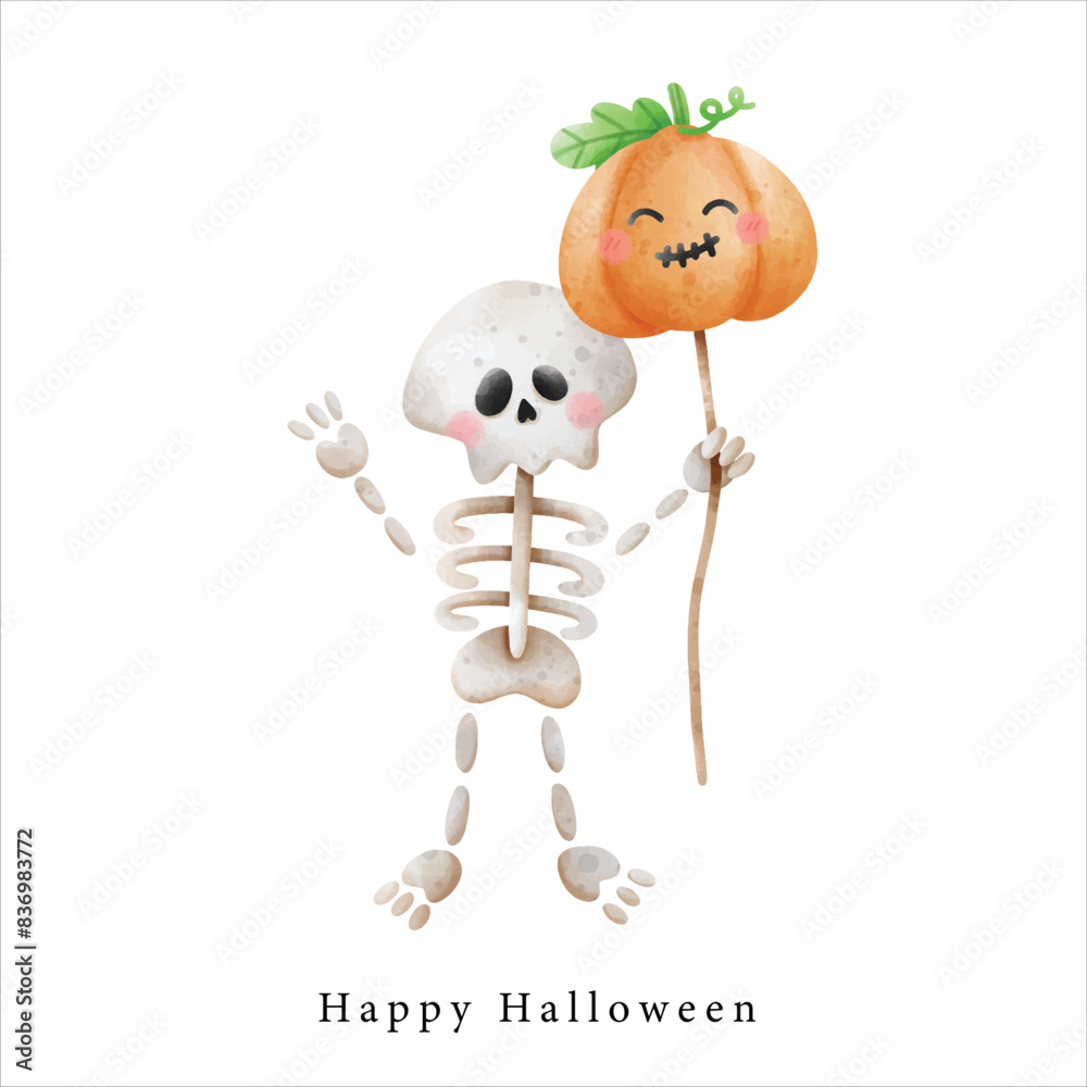 cute skull skeleton with pumpkin ghost balloon , illustration Halloween horror element clipart cute skull skeleton with pumpkin ghost balloon , illustration Halloween horror element clipart