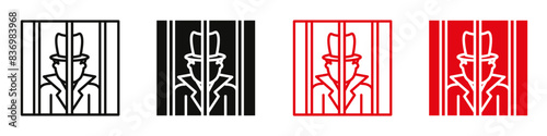 Criminal behind bars icon highlighting law enforcement and imprisonment, suitable for security, legal, and crime prevention designs