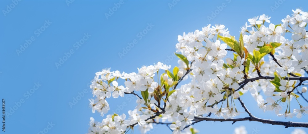 In spring, a white cherry tree blossom stands out against a blue sky backdrop, creating a picturesque scene with copy space image.