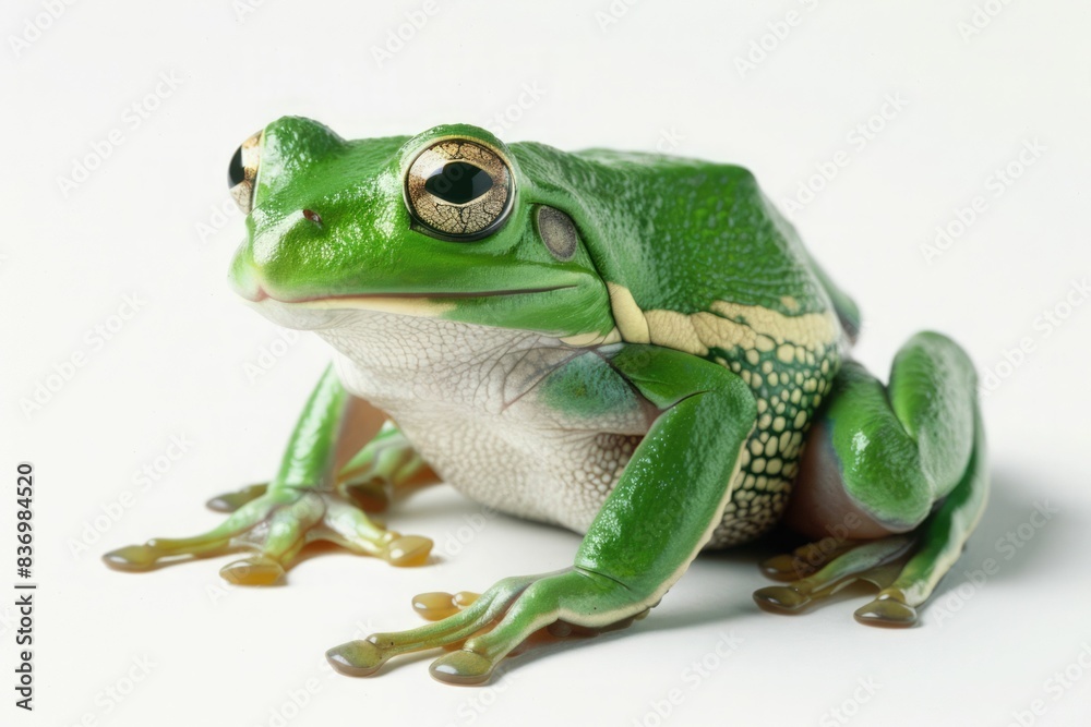 Obraz premium Green tree-frog on white background - close-up
