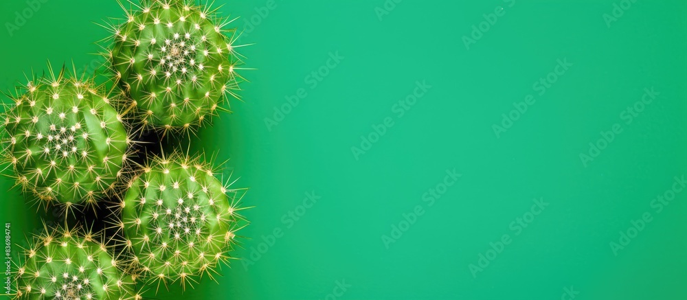 Fototapeta premium Top-down perspective of two cacti on a green backdrop with ample copy space image available.