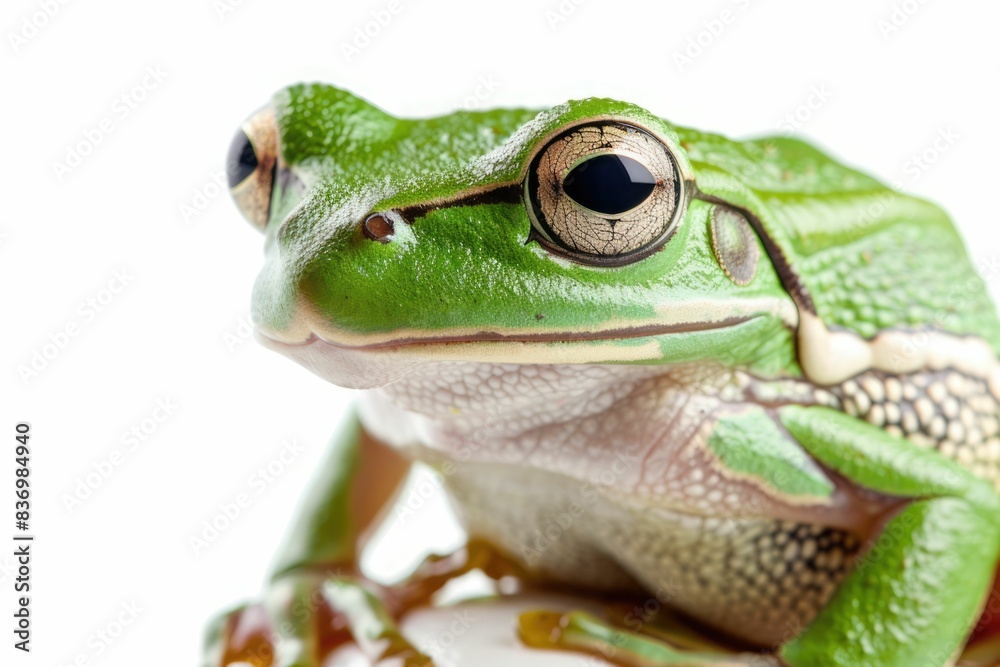 Obraz premium Green tree-frog on white background - close-up