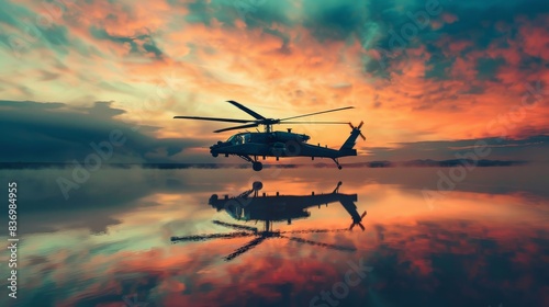 Apache helicopter flying low over serene lake, reflection mirrored in water, sky ablaze with dusk colors, showcasing agility and stealth. photo