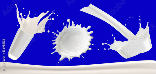 3d rendering Dynamic composition of Milk Pouring on glass splash and top view and side view milk Splashes, Milk Pouring and Splashes Set, Milk Pouring with Splash Droplets