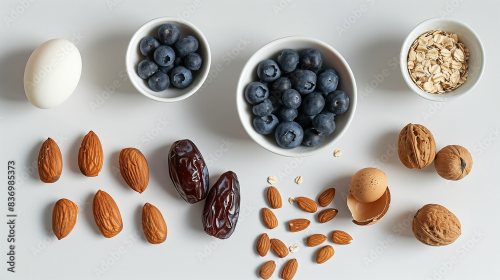 Obraz premium A white table with dates, blueberries, almonds, oats, cashews and eggs，food