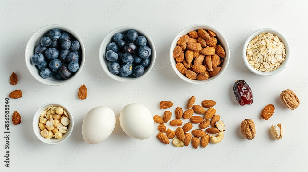 A white table with dates, blueberries, almonds, oats, cashews and eggs,food A white table with dates, blueberries, almonds, oats, cashews and eggs,food