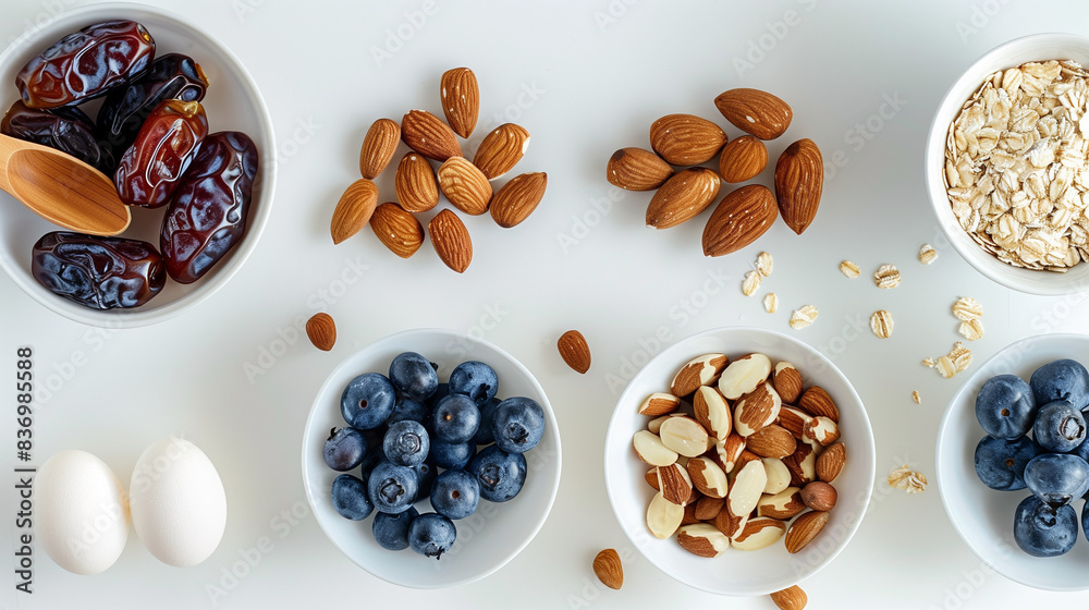 A white table with dates, blueberries, almonds, oats, cashews and eggs,food A white table with dates, blueberries, almonds, oats, cashews and eggs,food