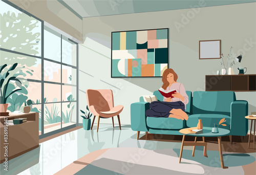 Young pretty woman sitting on the sofa in comfortable living room and reading book. Vector colorful flat illustratiin.
