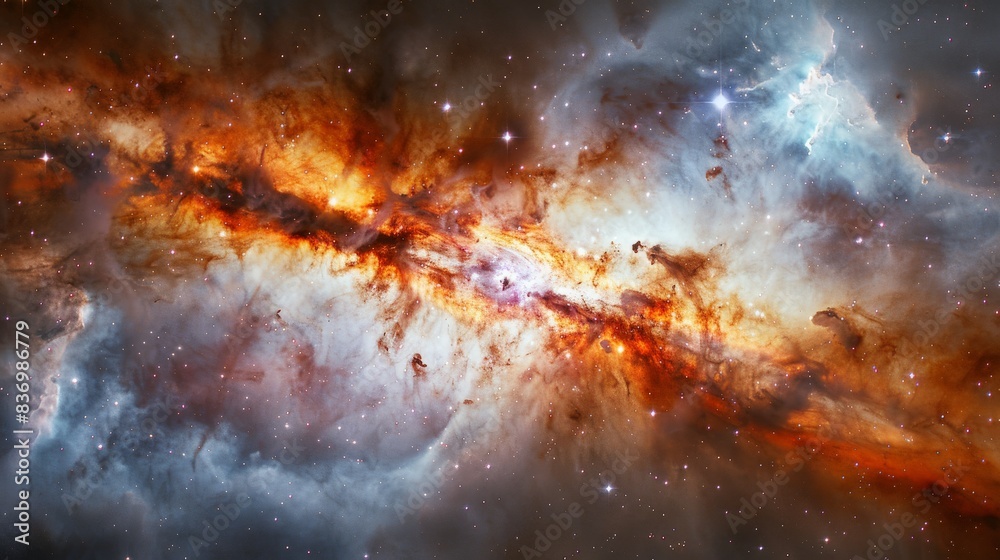 Galaxy core bursting with nebulae and stellar nurseries, dynamic interplay of light and shadow creating a mesmerizing cosmic spectacle. Galaxy core bursting with nebulae and stellar nurseries, dynamic interplay of light and shadow creating a mesmerizing cosmic spectacle.