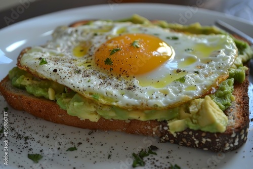 Healthy avocado toast topped with a fried egg and seasoning