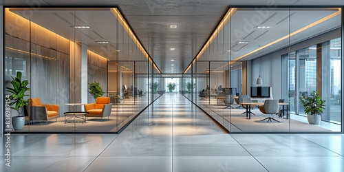 A contemporary office space features a long hallway with glass walls that allow natural light to flood in. The hallway is lined with sleek workstations and plants, creating a bright and airy atmospher photo