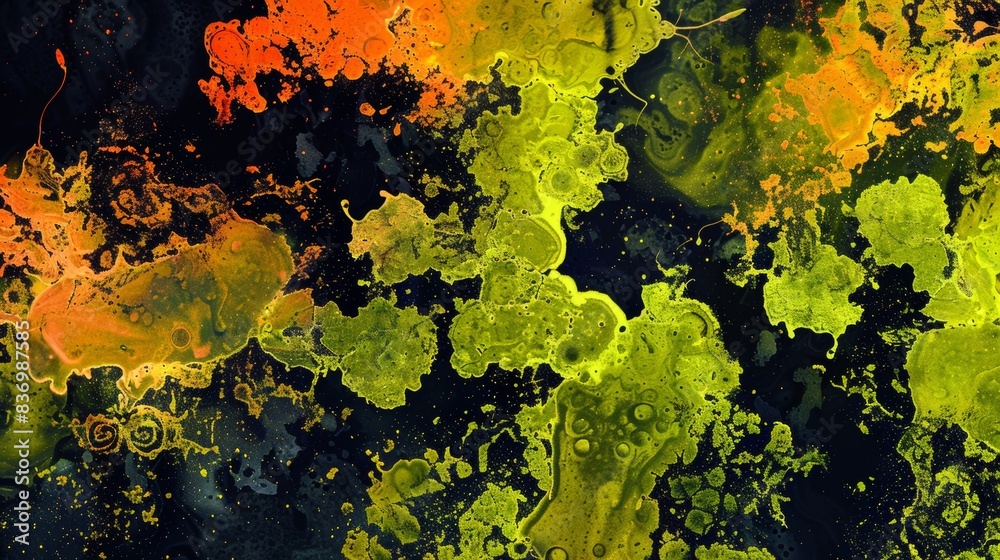 Abstract Fluid Art with Vibrant Yellow, Green, and Orange Paint Splashes on Dark Background Abstract Fluid Art with Vibrant Yellow, Green, and Orange Paint Splashes on Dark Background