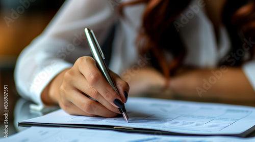 Businesswoman's Hand Holding a Pen over Financial Document, close up of lady signing the document, contract signature