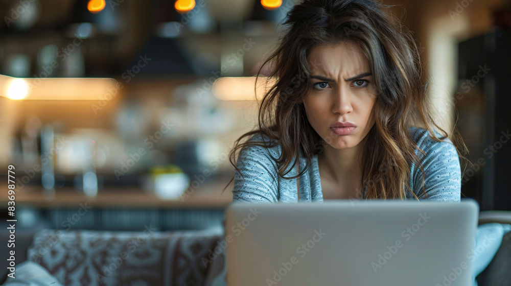 Woman watching a video call on a laptop with a displeased look Woman watching a video call on a laptop with a displeased look