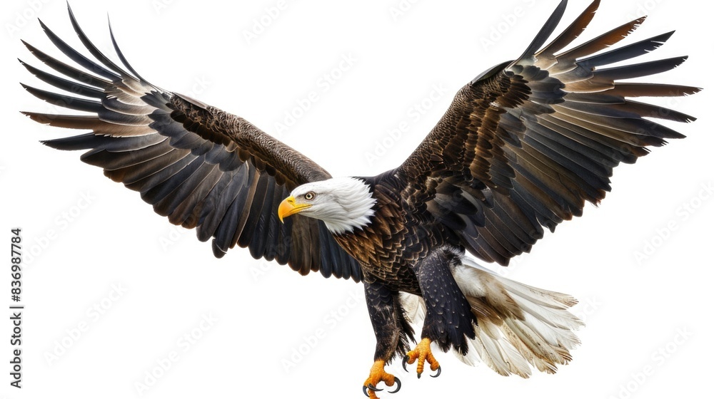 A bald eagle soaring through the air with its wings fully extended A bald eagle soaring through the air with its wings fully extended