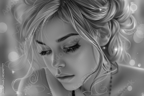 Black and white illustration with a girl for decorative design. Natural background.