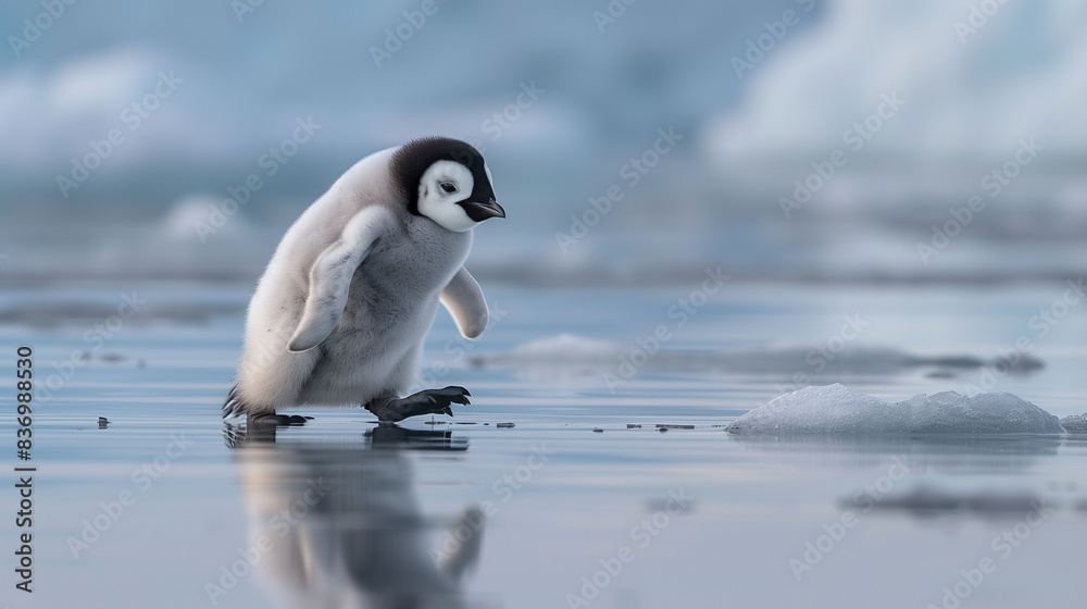 Fototapeta premium Cute Baby Penguin Walking on Ice in Cold Arctic Environment