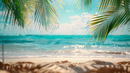Fototapeta Naklejka Na Ścianę i Meble -  A beautiful beach scene with palm trees and a clear blue ocean. Scene is peaceful and relaxing. Summer banner