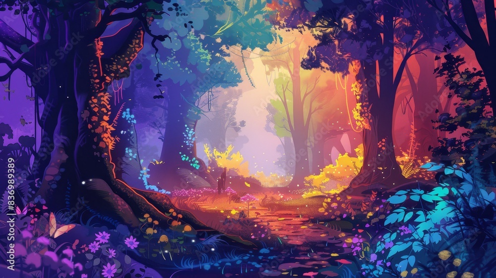 Obraz premium Enchanting Fantasy Forest Illustration with Mythical Creatures - Ideal for Storybook Themes with Copy Space