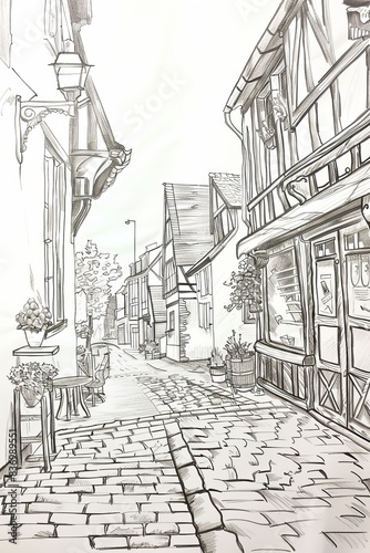 Charming Sketch of a Quaint Village - Travel Illustration with Cobblestone Streets and Small Shops for Text Overlay