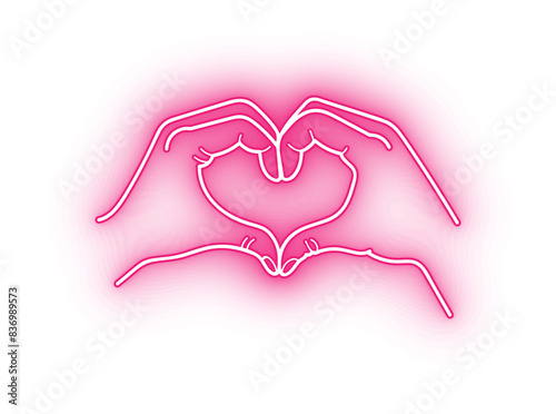 Pink neon heart made by hand, pink hand heart on transparent background