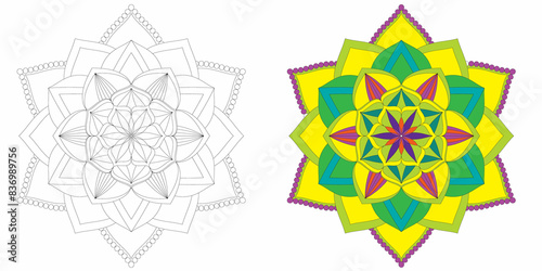 Simple Mandala Coloring Page with Vibrant Example for Relaxation and Creativity © Donald