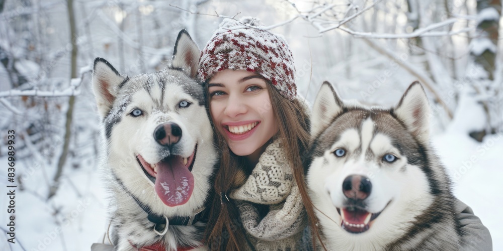 Woman with huskies in snowy landscape Woman with huskies in snowy landscape