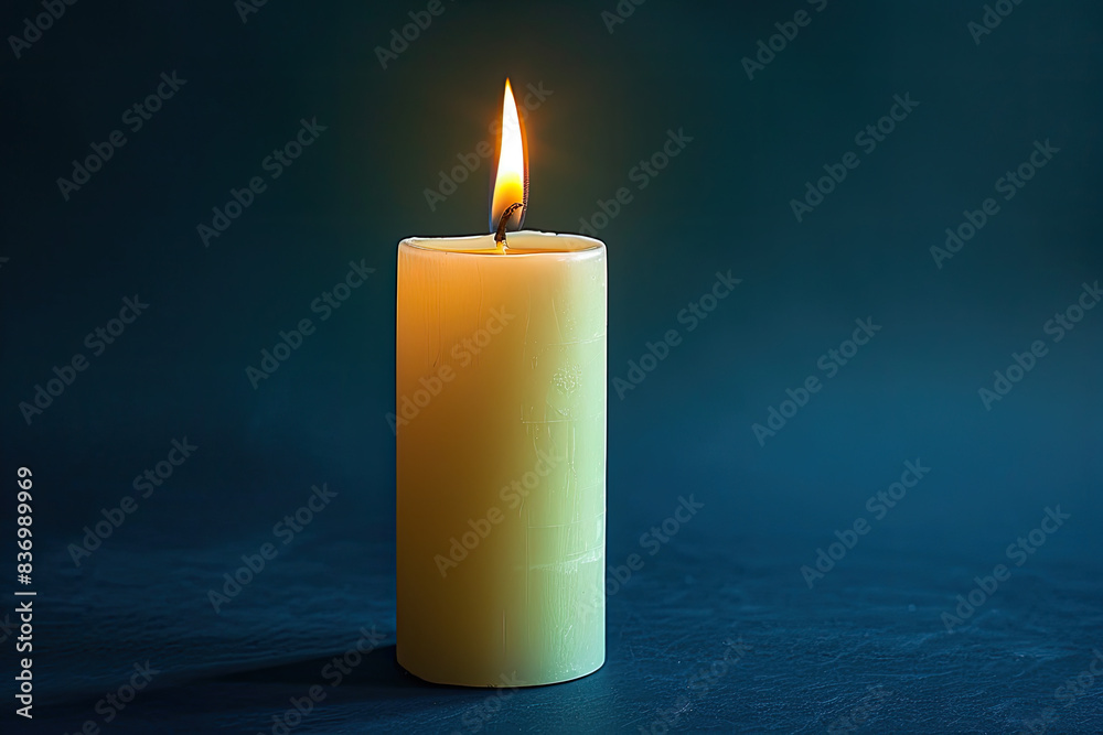 a white thin wax candle burning softly against a navy blue background a white thin wax candle burning softly against a navy blue background