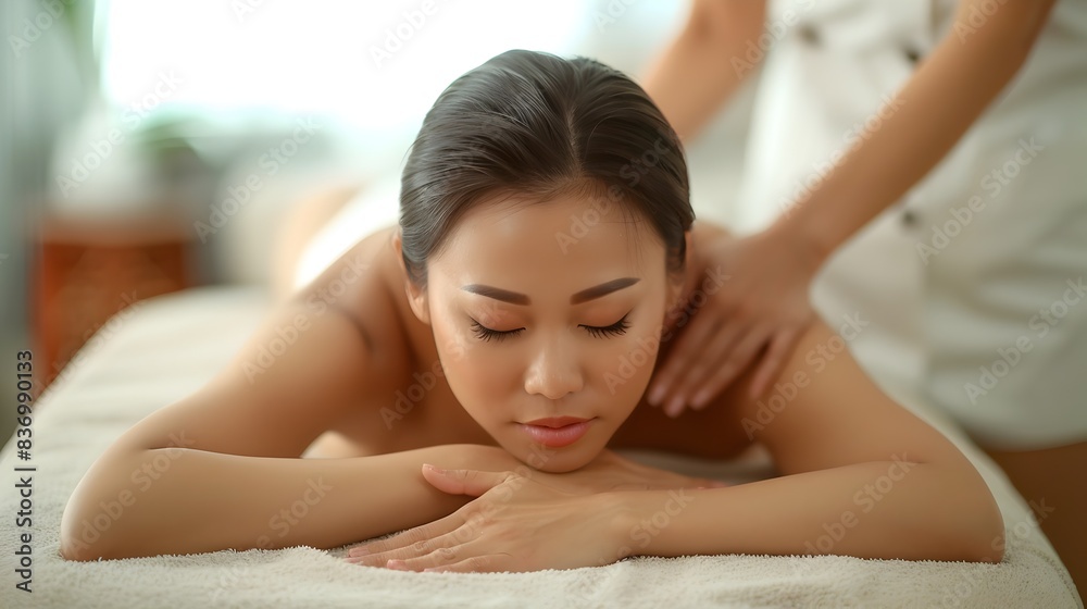 Obraz premium Asian Woman Receiving Soothing Massage on Professional Therapy Table in Serene Environment