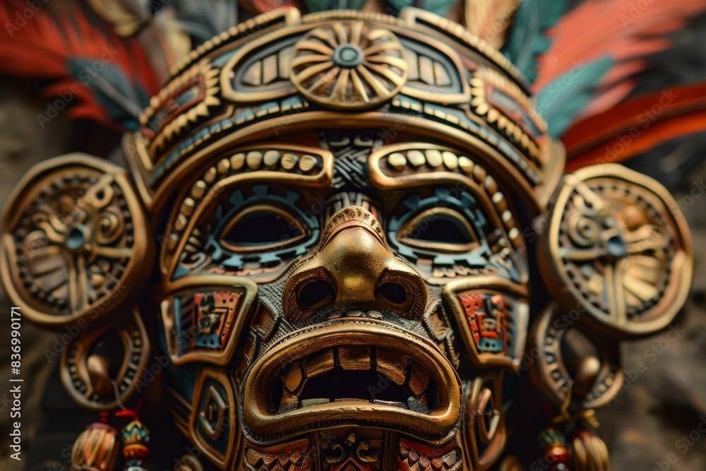 Closeup of a colorful mayan mask, showcasing detailed patterns and cultural art