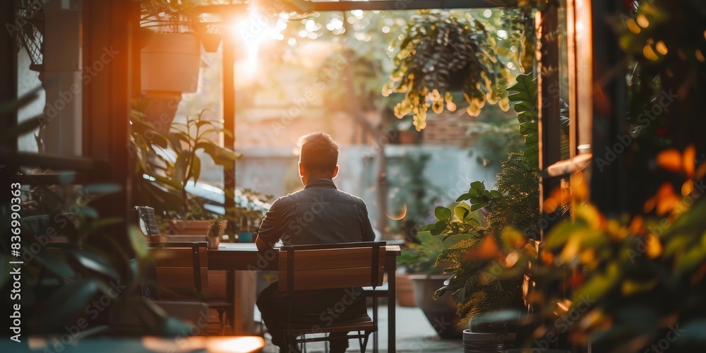 A man sits at a table in a garden setting, looking out at the plants