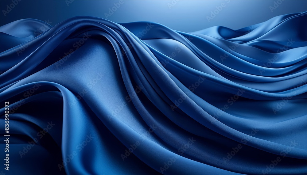 Smooth waves of blue fabric flowing gracefully, creating a serene and abstract visual. The rich texture and deep blue color evoke calmness and depth. Soft focus adds a dreamy quality.