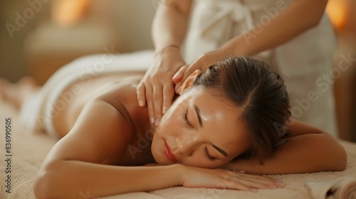Peaceful Asian Woman Receiving Relaxing Back Massage on Professional Spa Table