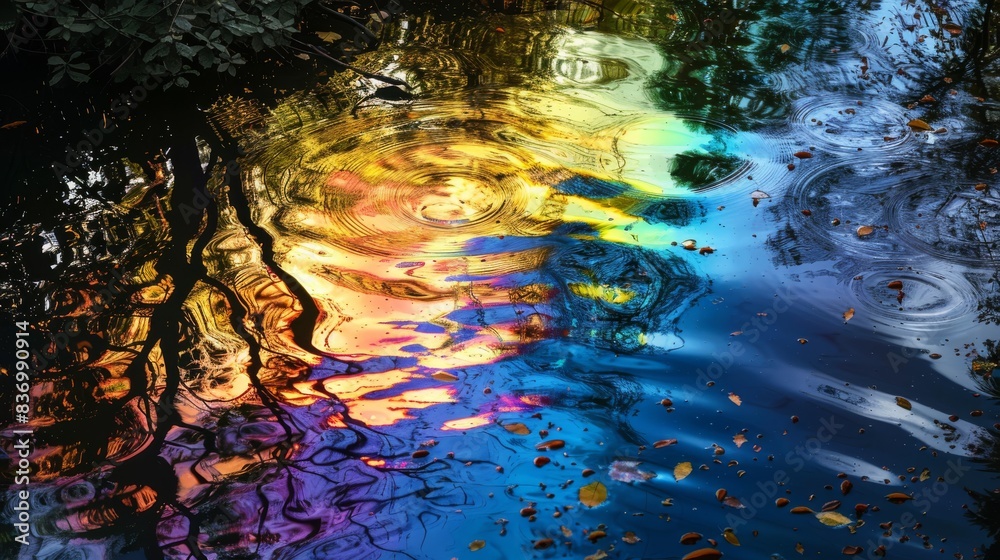 Fototapeta premium Abstract Rainbow Reflections in Water with Ripples and Nature Elements