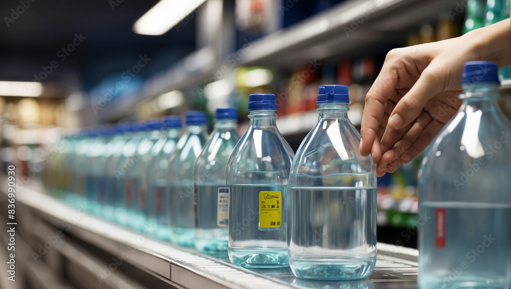 Closeup image of a womans hand reaching a water bottle