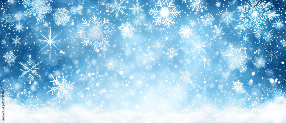 Winter snow background with snowdrifts, with beautiful light and snow flakes on the blue sky in the evening, banner format Winter snow background with snowdrifts, with beautiful light and snow flakes on the blue sky in the evening, banner format