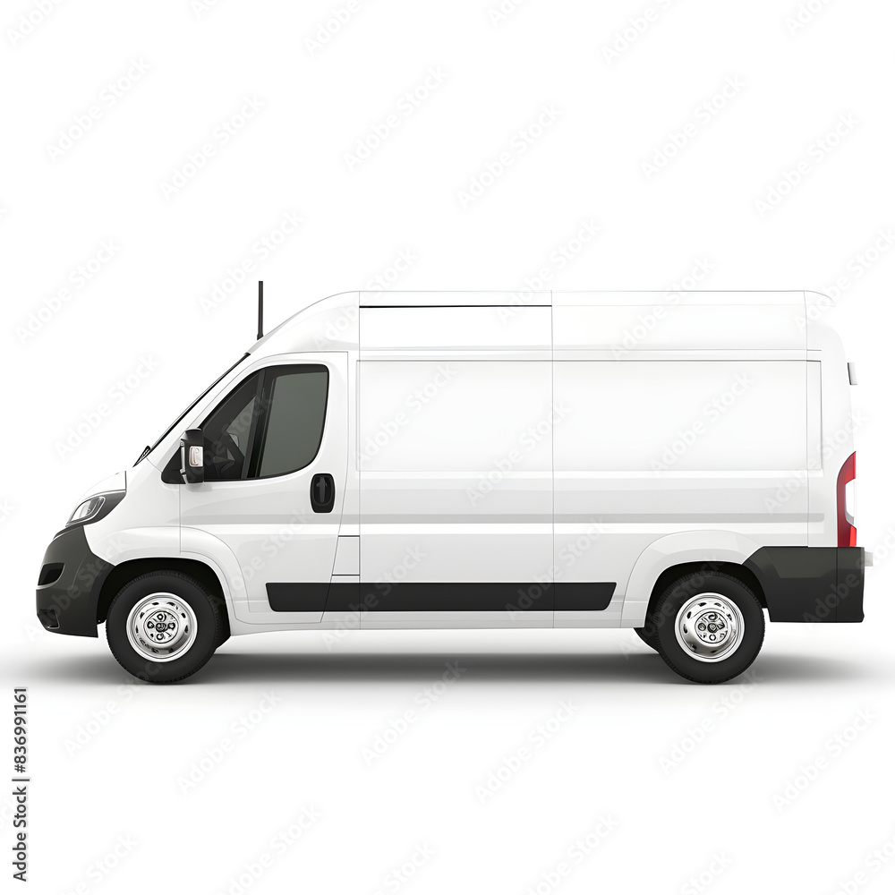 Sleek white commercial delivery van on a white background with space for company branding Sleek white commercial delivery van on a white background with space for company branding