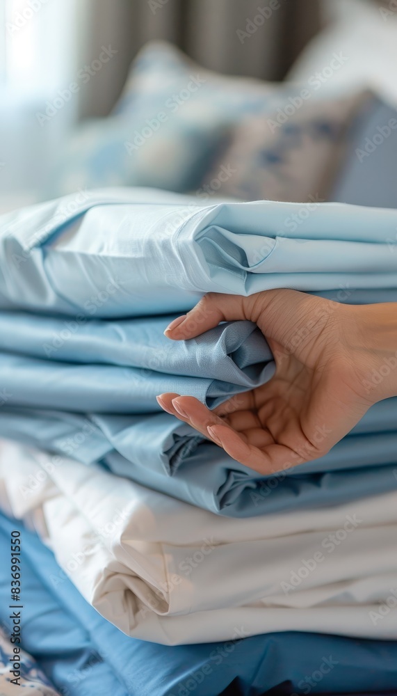 Fototapeta premium Closeup of womans hand holding a stack of clean blue and white bed sheets on sunny day