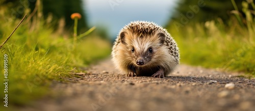 The hedgehog looks warily on the road in the countryside against the backdrop of a green grass. Creative banner. Copyspace image photo