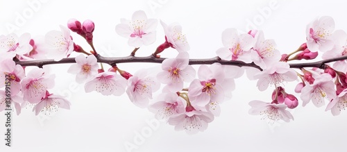 Cherry tree branch with blooming flowers over white background. Creative banner. Copyspace image
